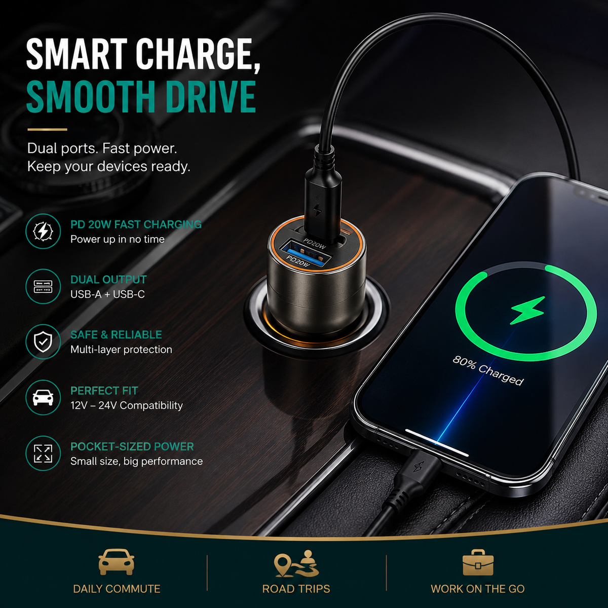 Hoco Blue Whale Car Charger (Z46A) ⚡ | 20W Type-C + 18W USB Fast