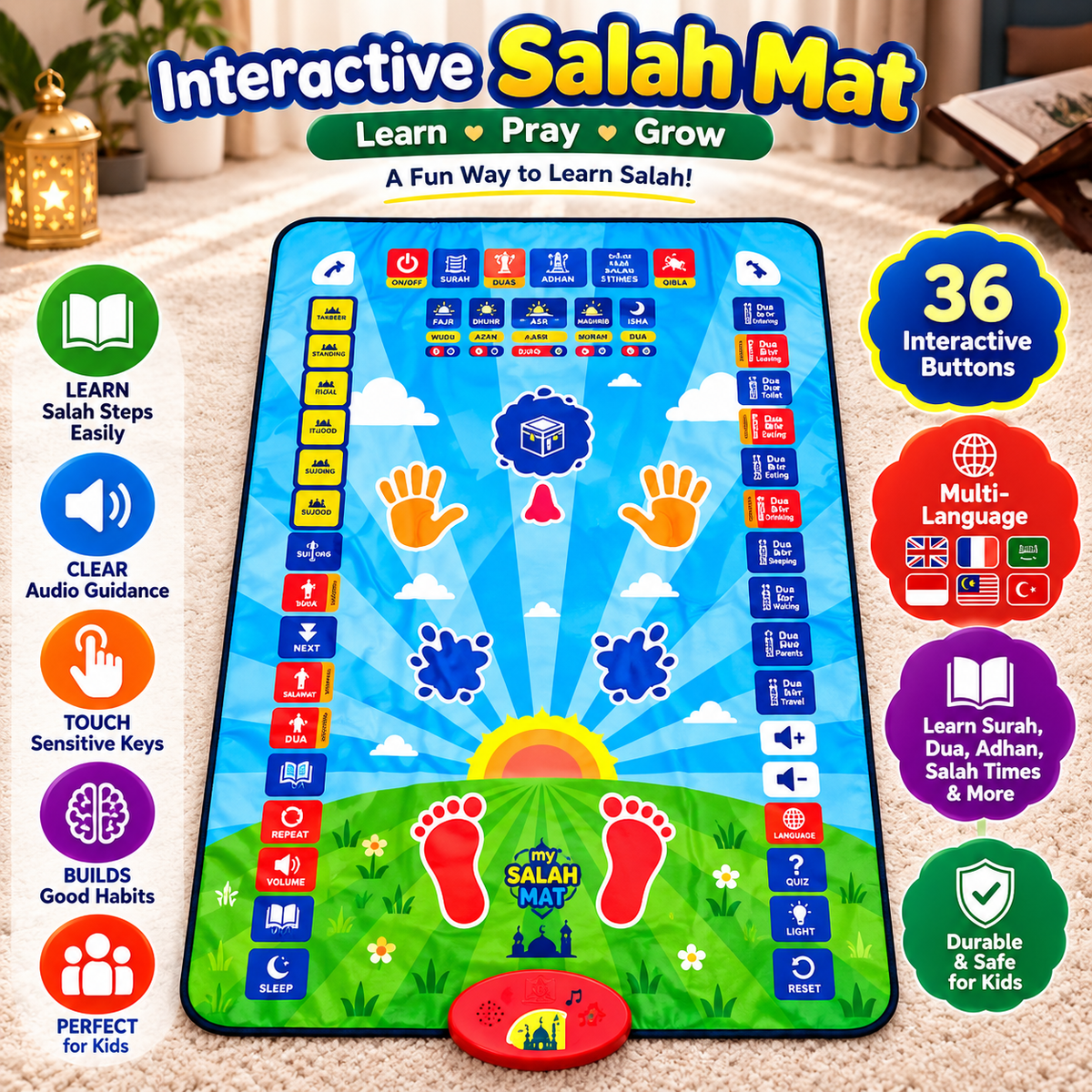 Islamic Mat for Children Education | All Prayers Covered & Waterproof & fire-resistant fabric
